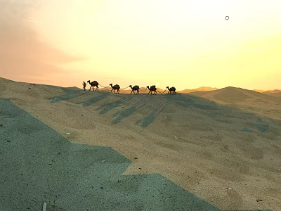 Golden Desert Landscape with Camels Walking Across Sand Dunes at Sunset 3d model