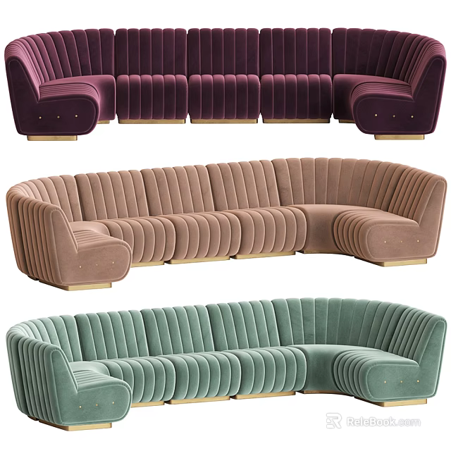 Modern Curved Sectional Sofa With Purple Brown Green Velvet Fabric And Golden Legs 3d model 