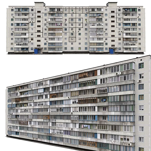 Multi Story Residential Building Exterior With Rows Of Windows And Balconies 3d model 