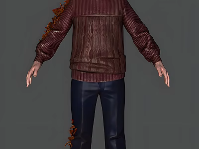 Man Wearing Brown Knitted Sweater With Fringe Details And Dark Pants 3d model