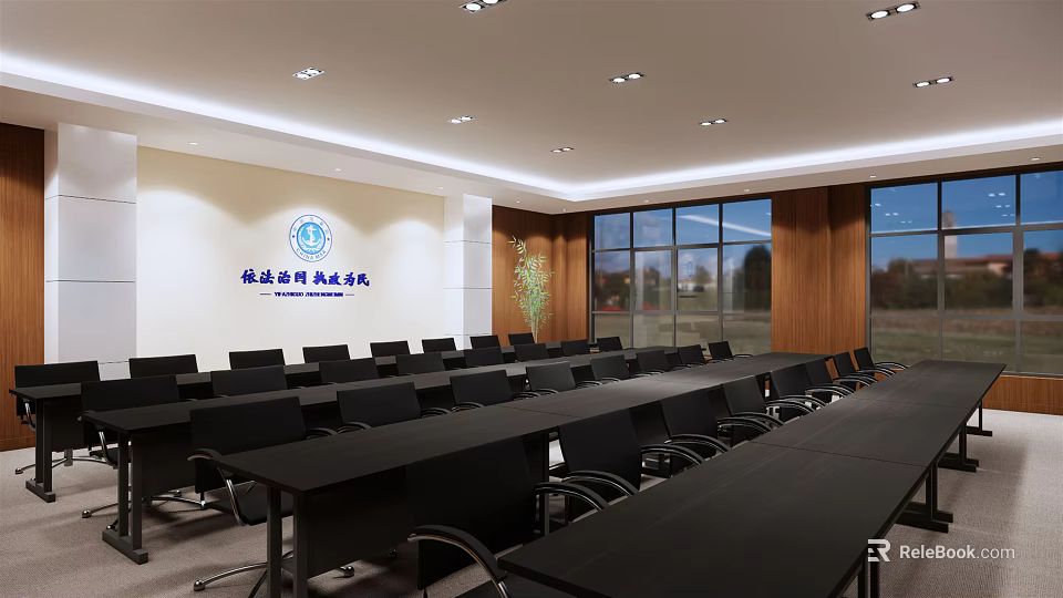 Modern Conference Room With Logo On Wall Neatly Arranged Black Tables And Large Windows 3d model 