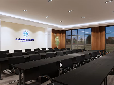 Modern Conference Room With Logo On Wall Neatly Arranged Black Tables And Large Windows 3d model