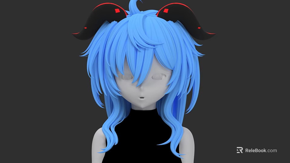 Game Movie Character with Blue Long Hair Black Horns Red Accents Black Sleeveless Top 3d model 