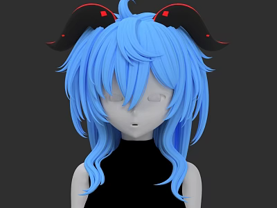 Game Movie Character with Blue Long Hair Black Horns Red Accents Black Sleeveless Top 3d model