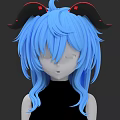 Game Movie Character with Blue Long Hair Black Horns Red Accents Black Sleeveless Top