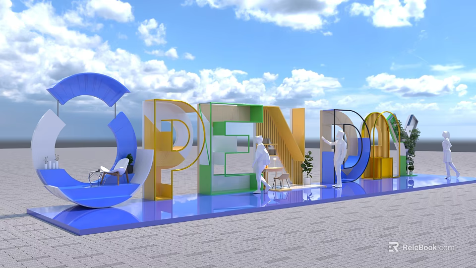 Colorful Open Day Art Installation with 3D Letters Outdoor Blue Sky White Clouds People Interaction 3d model 
