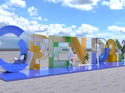 Colorful Open Day Art Installation with 3D Letters Outdoor Blue Sky White Clouds People Interaction 3d model