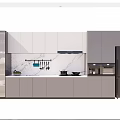 Modern Kitchen With White And Gray Cabinets Marble Countertop Range Hood And Refrigerator 3d model