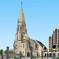 Historic Architectural Complex Featuring Spire Arched Windows And Symmetrical Stone Design