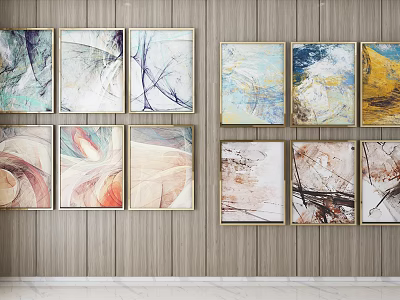Colorful Abstract Paintings Framed On Wooden Wall With Various Artistic Textures And Modern Design 3d model