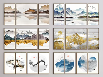 Chinese Traditional Landscape Paintings With Mountain Water Scenery And Gold Blue Gray Tones 3d model