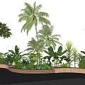 Wooden Tree Planter with Palm Trees and Diverse Green Plants in Outdoor Landscaping