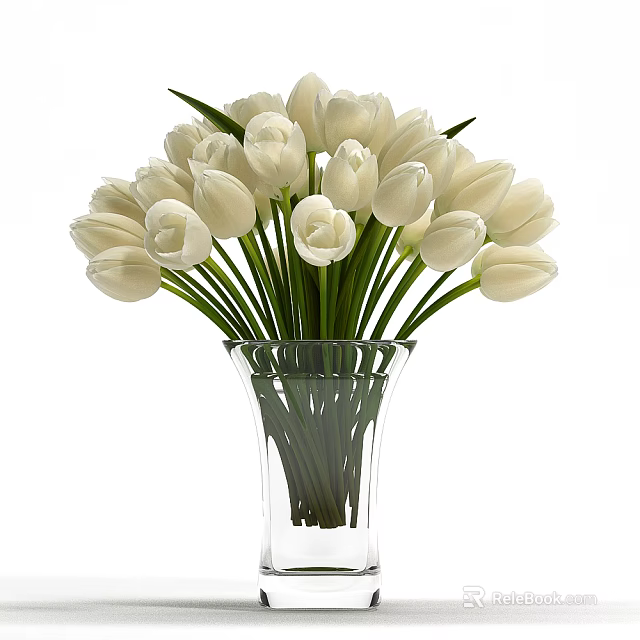 Beautiful Fresh White Tulips Arranged in Clear Glass Vase for Interior Decor 3d model 