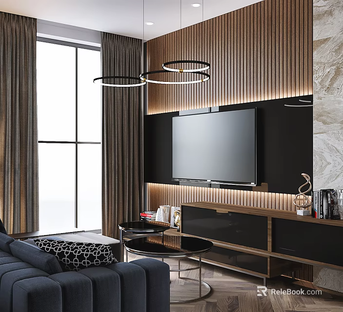 Modern Luxury Living Room With Wood Slat TV Wall Comfortable Sofa And Chic Home Decor 3d model 