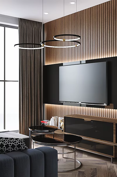 Modern Luxury Living Room With Wood Slat TV Wall Comfortable Sofa And Chic Home Decor 3d model