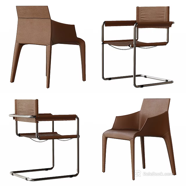 Modern Brown Leather Dining Chairs With Sleek Design And Metal Frame Details 3d model 