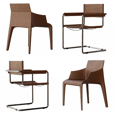 Modern Brown Leather Dining Chairs With Sleek Design And Metal Frame Details 3d model