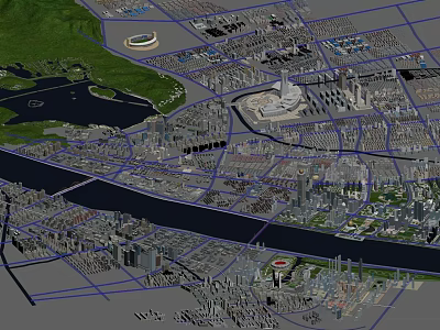 Birds Eye View Urban Planning With River Road Network And Green Spaces 3d model