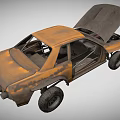Rusty Off Road Car With Open Hood And Doors And Large Tires