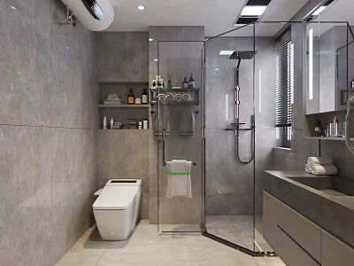 Modern Minimalist Grey Marble Bathroom With Smart Toilet Glass Shower Enclosure And Storage Vanity Cabinets 3d model
