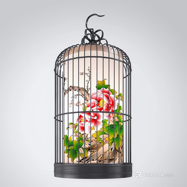 Unique Shaped Birdcage Pendant Light with Peony and Plum Blossom Patterns for Interior Home Decor 3d model 