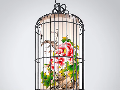 Unique Shaped Birdcage Pendant Light with Peony and Plum Blossom Patterns for Interior Home Decor 3d model
