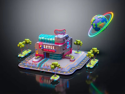 3D Cartoon Scene With Colorful Building Green Roof Red Signboard Small Trees And Floating Earth With Halo 3d model