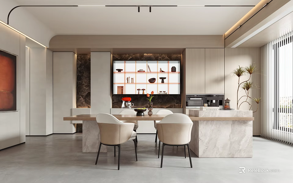 Elegant Modern Restaurant Interior With Marble Dining Table Beige Chairs And Display Shelf 3d model
