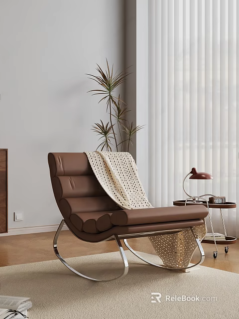 Brown Accent Chair With Cream Knitted Blanket Side Table Lamp Potted Plant And White Blinds 3d model 