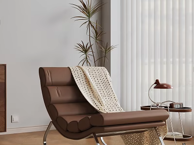 Brown Accent Chair With Cream Knitted Blanket Side Table Lamp Potted Plant And White Blinds 3d model