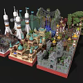 Vibrant Cartoon Scenery Featuring Various Buildings Rocket Spires Green Plants And Decorative Designs