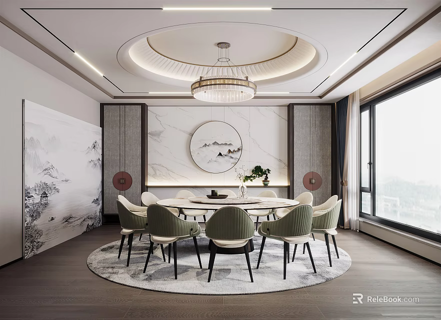 Elegant Chinese Restaurant Interior Featuring Round Dining Table Chairs Chandelier Marble Wall And Ink Painting 3d model 