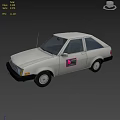 Vintage White Two Door Compact Car With Pink Logo And Purple Rims Exterior Design