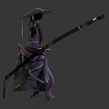 Traditional Oriental Female Fantasy Characters In Purple Attire Holding Umbrella And Weapon Staff