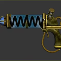 Golden Blue Glowing Fantasy Pistol With Spiral Spring Mechanical Handle And Shiny Metal Parts