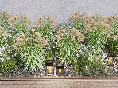Lush Green Shrubs With White Flowers And Lanterns On Pebbles And Wooden Platform 3d model