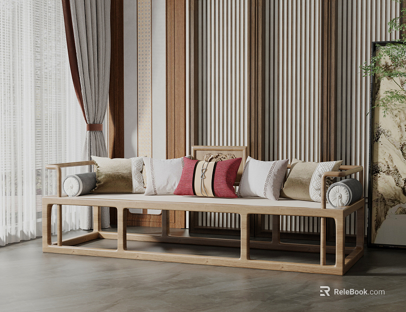 Modern Chinese Style Multi-seat Sofa with Wooden Frame and Multiple Cushions in Living Room 3d model 