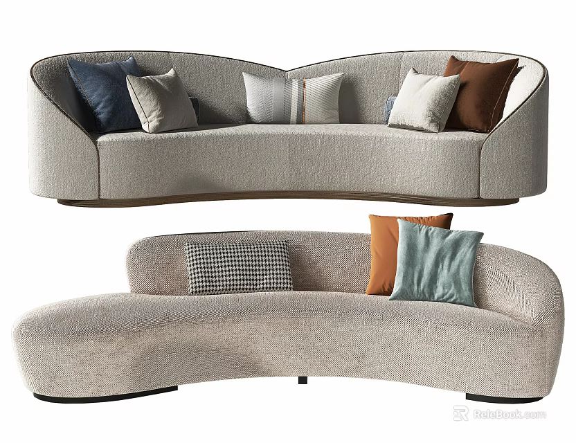 Modern Curved Sectional Sofa in Neutral Upholstery with Various Decorative Pillows 3d model 