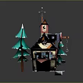 Cartoon Winter Cottage Scene With Red Blue Roof Snow Green Pine Trees And Weather Vane