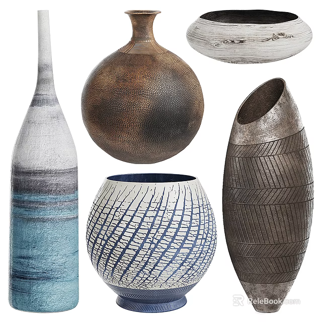 Handcrafted Artistic Ceramic Vessels With Various Shapes Textured Surfaces And Neutral Blue Tones 3d model 