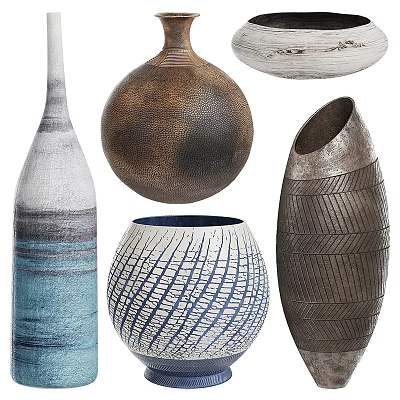 Handcrafted Artistic Ceramic Vessels With Various Shapes Textured Surfaces And Neutral Blue Tones 3d model