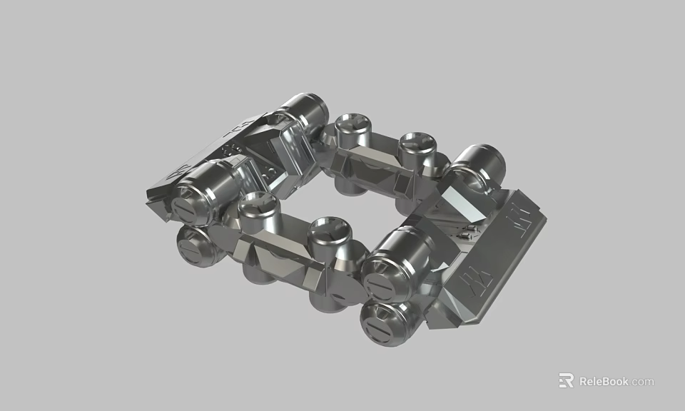 Silver Metallic Mechanical Chain Structure With Interconnected Links And Components 3d model