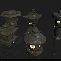 Japanese Style Stone Outdoor Lights with Various Designs Roof Like Tops and Lit Windows