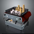 Red And Silver Espresso Coffee Machine With Paper Cups White Cups And Tray