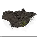 Modern Scenic Design with Stone Wall Ruins and Green Plant Accents