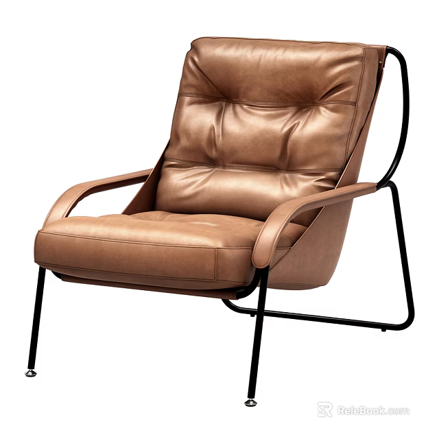 Brown Leather Single Sofa With Modern Design Stitched Details And Black Metal Legs 3d model 