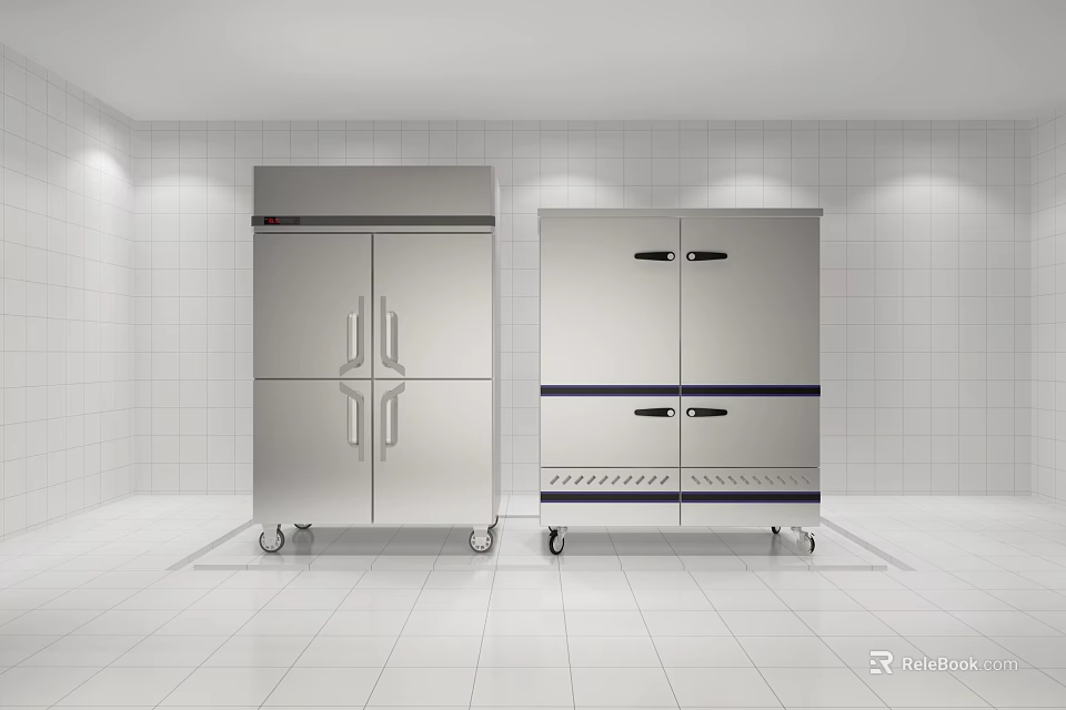 Stainless Steel Commercial Refrigerators With Four Doors And Wheels In White Tile Room 3d model 