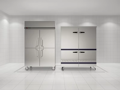 Stainless Steel Commercial Refrigerators With Four Doors And Wheels In White Tile Room 3d model