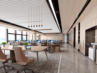 Modern Public Office Space with Spacious Desks Ergonomic Chairs Computers Large Windows and Pendant Lights 3d model