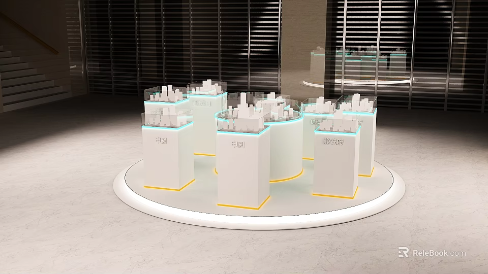 Modern Art Installation Circular Platform With White Cubic Structures City Building Models And Lighting Effects 3d model 